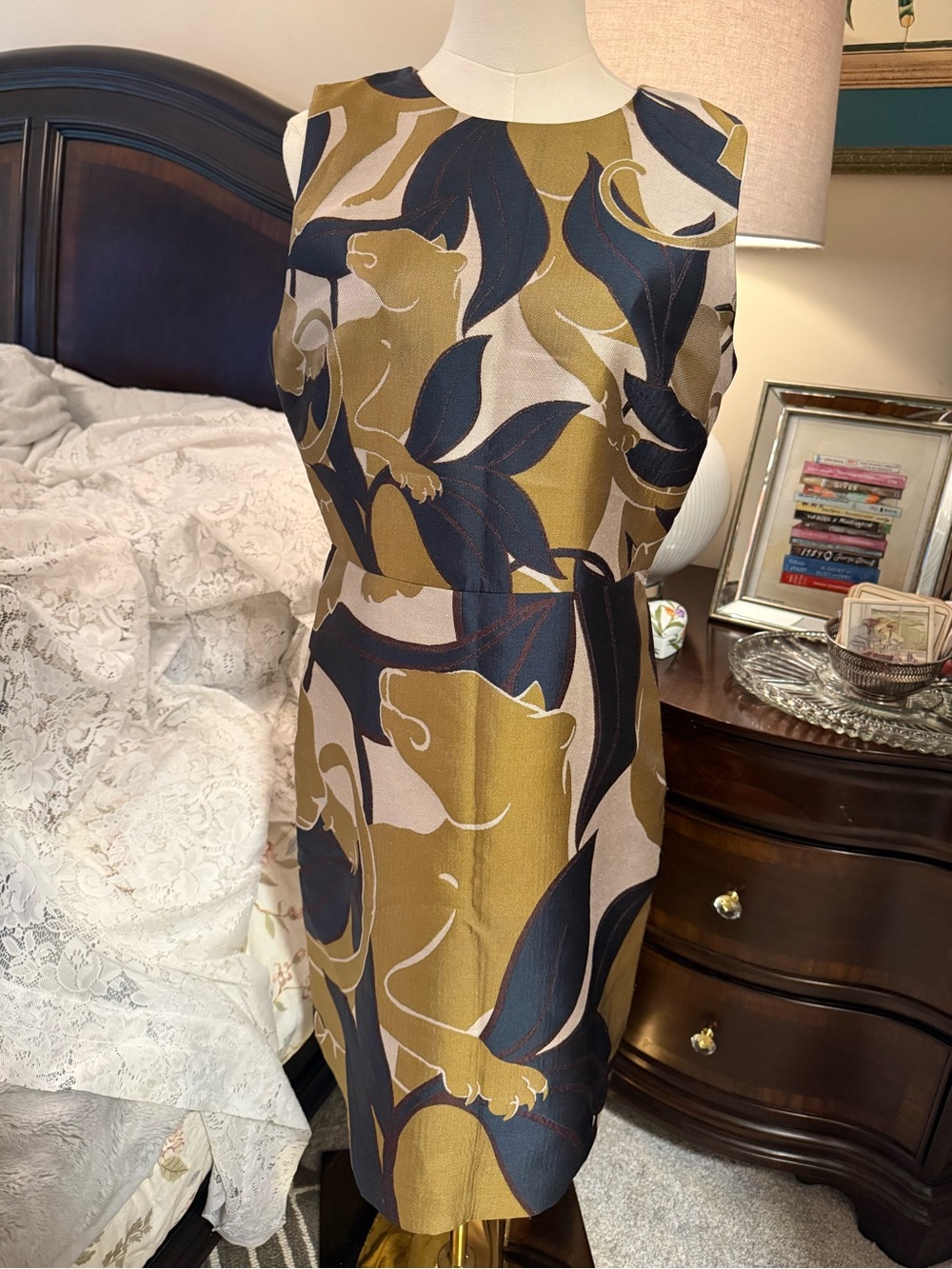 Ann Taylor Gold & Navy Lion Midi Dress